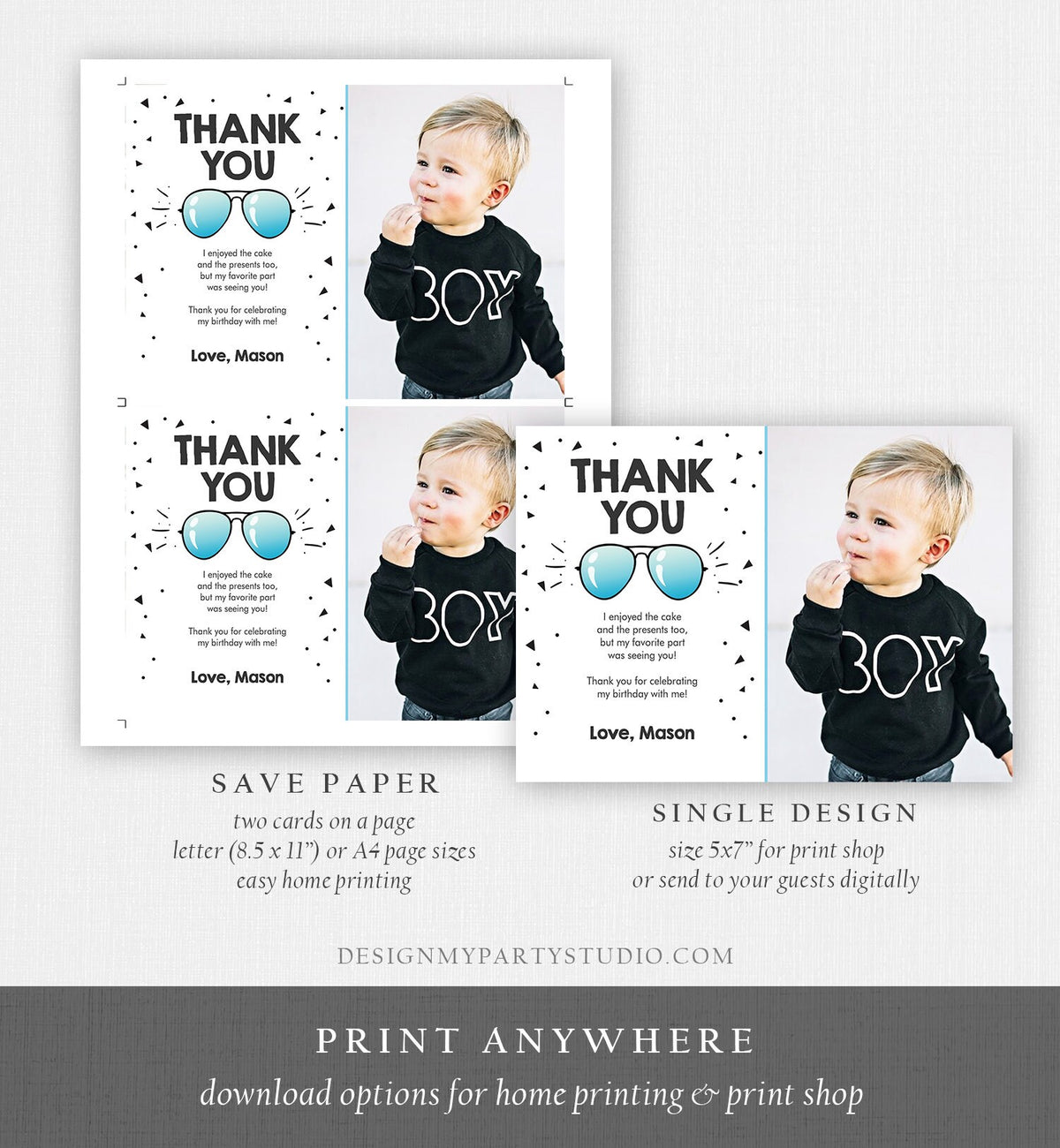 Editable Thank You Card Two Cool Birthday Boy Pilot Sunglasses Second Birthday Party Note 2nd White Photo Digital Template Printable 0136