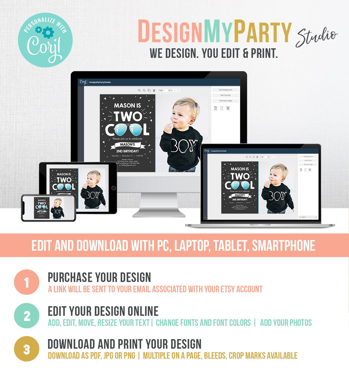 Editable Two Cool Birthday Invitation Boy Second Birthday Party 2nd I&#39;m Two Cool Pilot Sunglasses Photo Digital Template Printable 0136