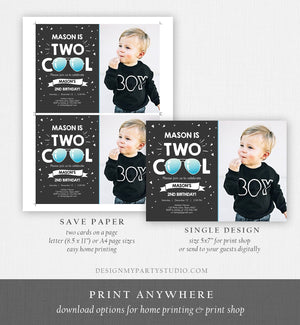 Editable Two Cool Birthday Invitation Boy Second Birthday Party 2nd I'm Two Cool Pilot Sunglasses Chalk Photo Printable Corjl Template 0136