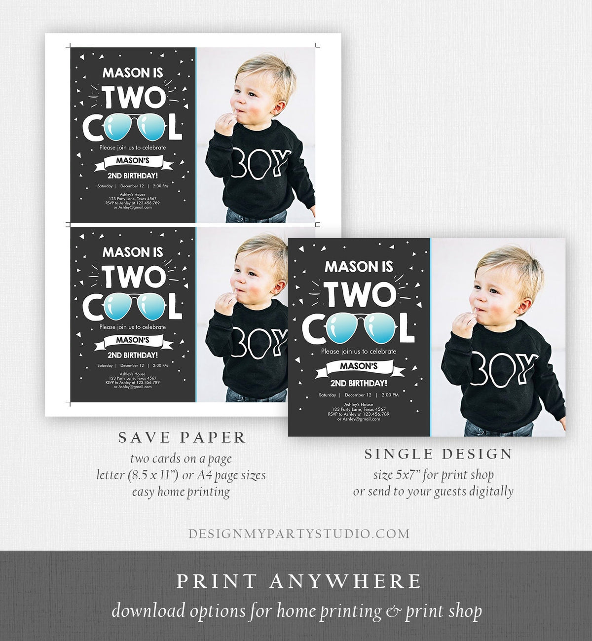 Editable Two Cool Birthday Invitation Boy Second Birthday Party 2nd I&#39;m Two Cool Pilot Sunglasses Photo Digital Template Printable 0136