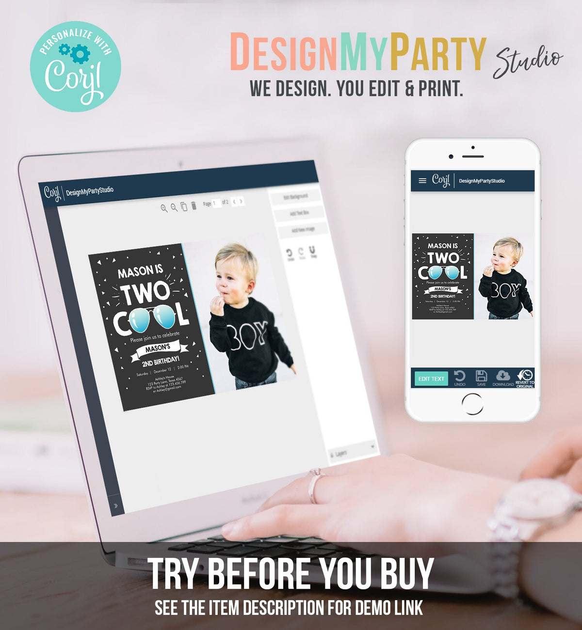 Editable Two Cool Birthday Invitation Boy Second Birthday Party 2nd I&#39;m Two Cool Pilot Sunglasses Photo Digital Template Printable 0136