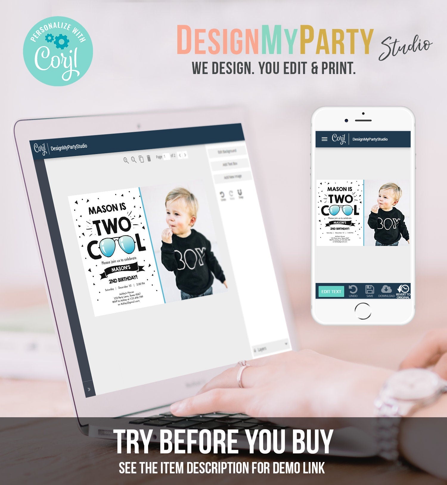Editable Two Cool Birthday Invitation Boy Second Birthday Party 2nd I'm this Many I'm Two Cool Sunglasses Digital Template Printable 0136