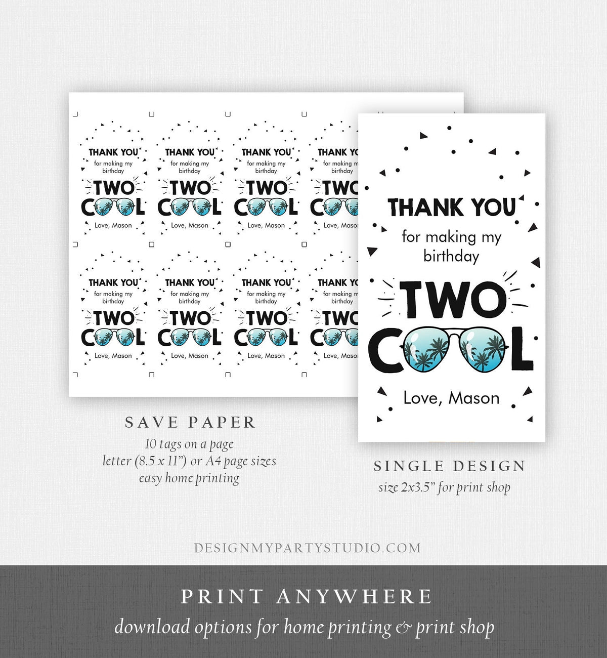 Editable Two Cool Favor Tag Birthday Thank You Tag Boy Second 2nd Birthday Gift Tag Sunglasses Palm Digital Download Template Printable 0136