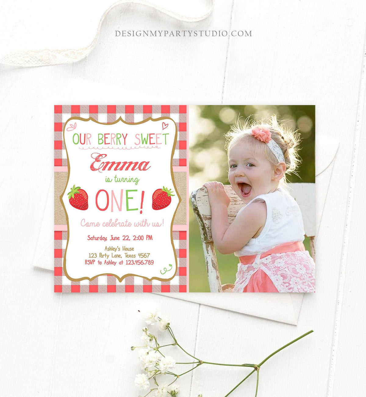 Editable Strawberry Birthday Invitation First Birthday Farmers Market Girl Download Printable Invite ANY AGE Template Corjl Digital 0091