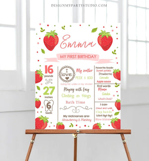 Editable Birthday Milestones Sign Strawberry First Birthday Girl Pink Red Strawberry Decor Summer Download Template Printable Corjl 0091