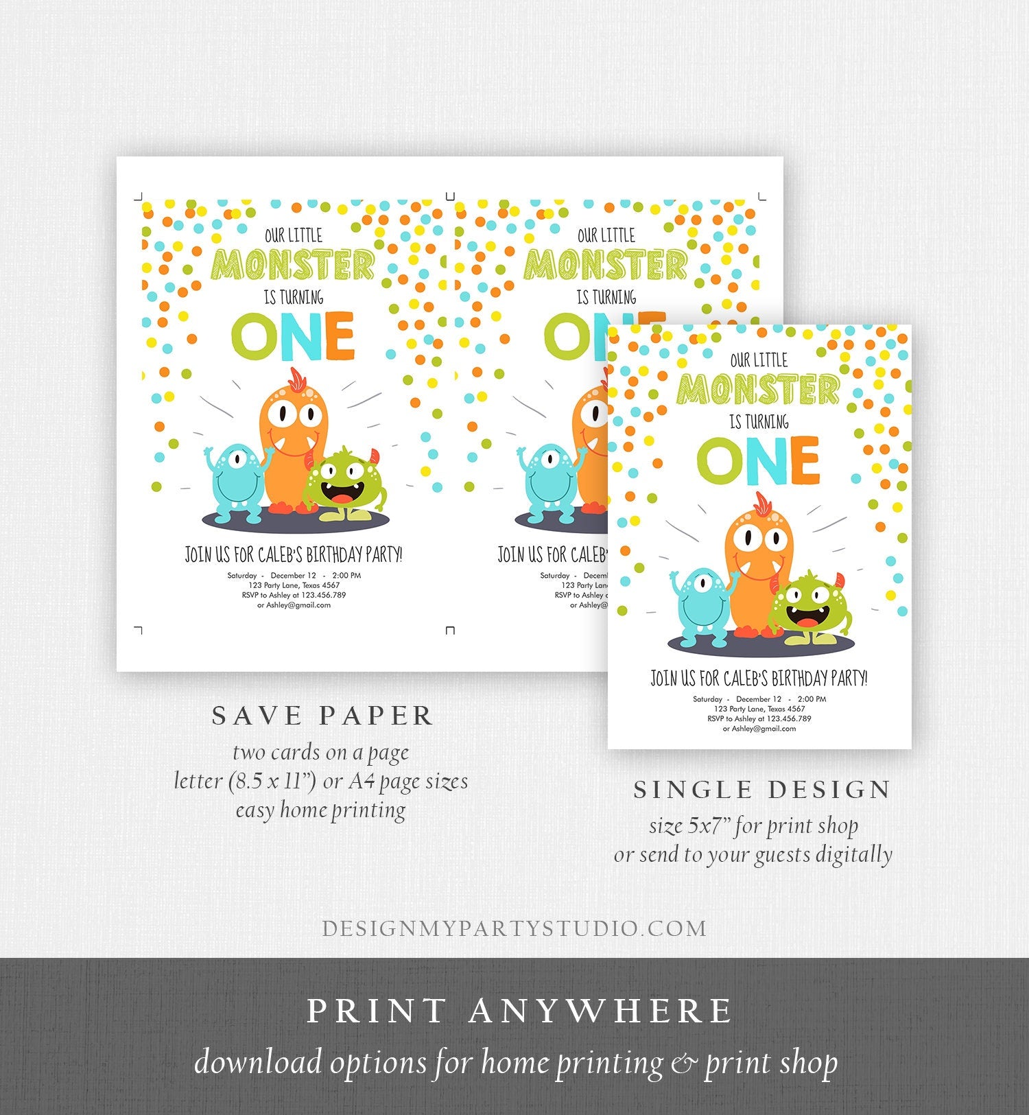 Editable Little Monster Birthday Invitation First Birthday Party Monsters Boy Confetti 1st Orange Blue One Printable Corjl Template 0058