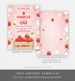 Editable Strawberry Birthday Invitation Berry Sweet Girl Farmers Market Download Printable Invitation ANY AGE Template Digital Corjl 0091