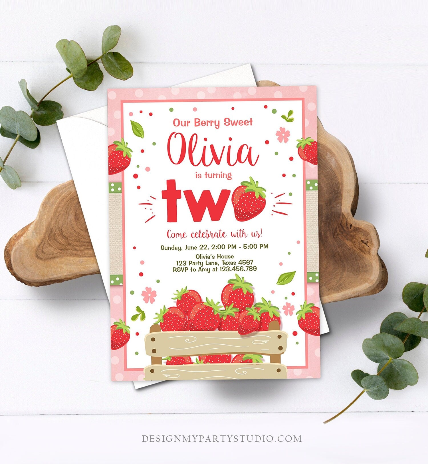Editable Strawberry Birthday Invitation Second Birthday Berry Two Sweet Girl Summer Farm Download Printable Template Digital Corjl 0091