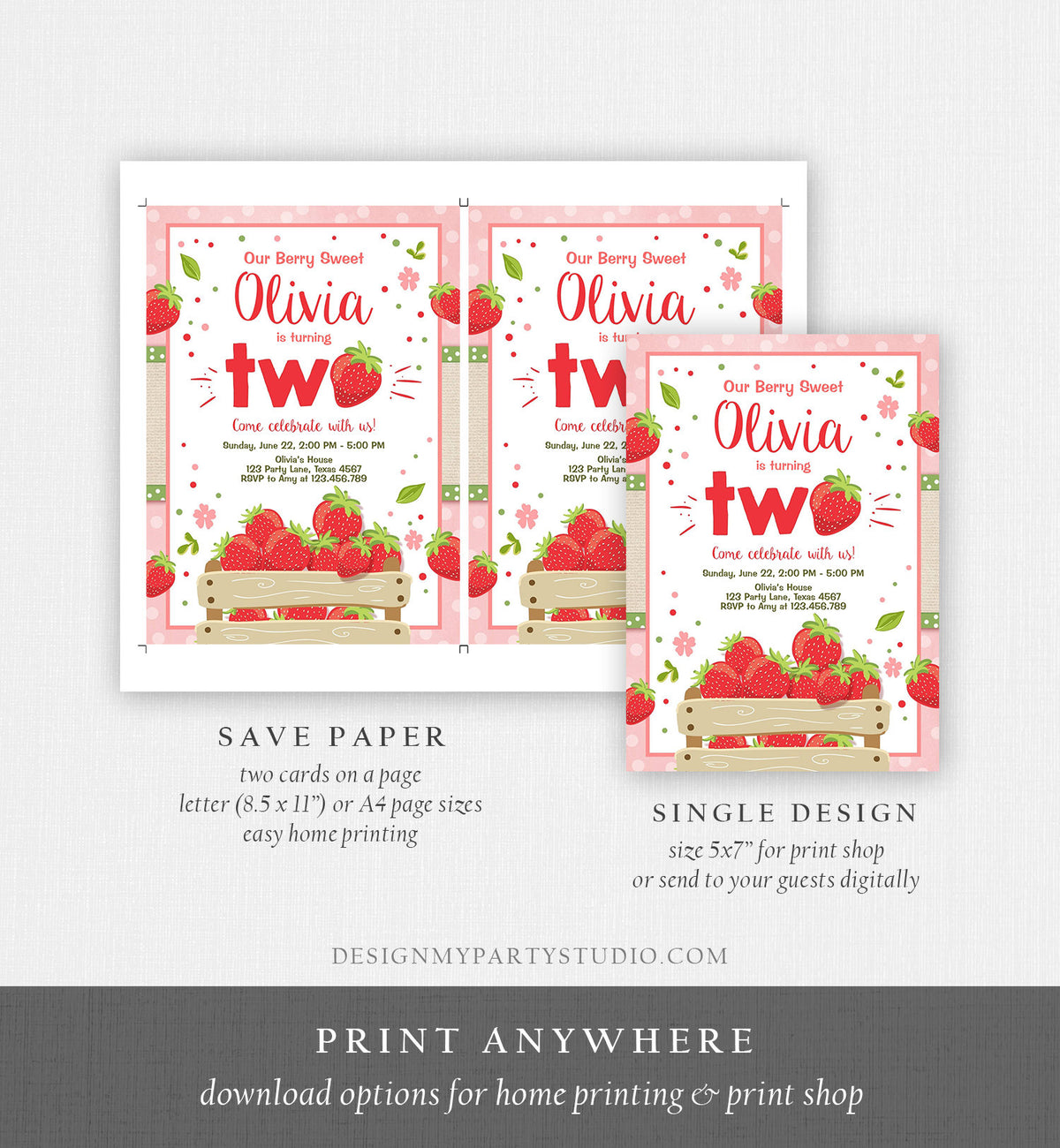 Editable Strawberry Birthday Invitation Second Birthday Berry Two Sweet Girl Summer Farm Download Printable Template Digital Corjl 0091