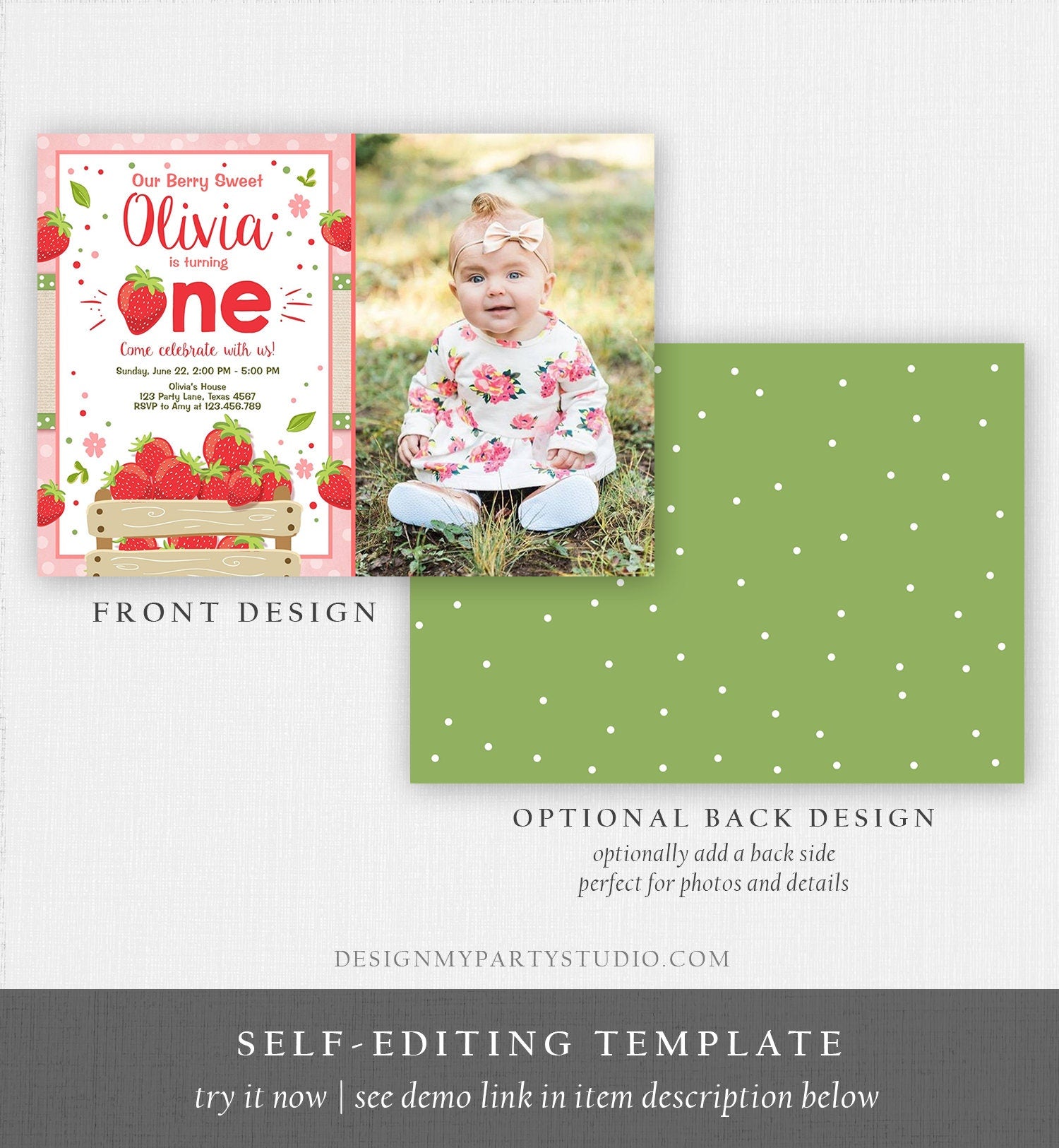 Editable Strawberry Birthday Invitation Girl First Birthday Berry Sweet Strawberries Pink Digital Download Evite Template Printable 0091