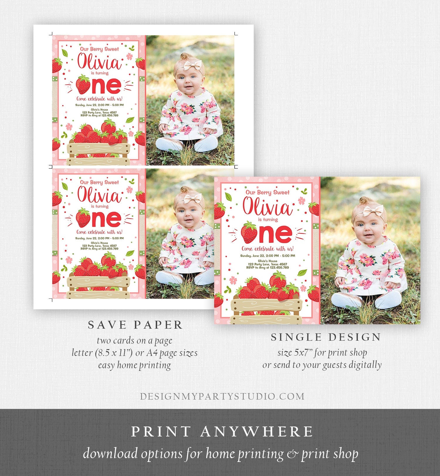 Editable Strawberry Birthday Invitation Girl First Birthday Berry Sweet Strawberries Pink Digital Download Evite Template Printable 0091