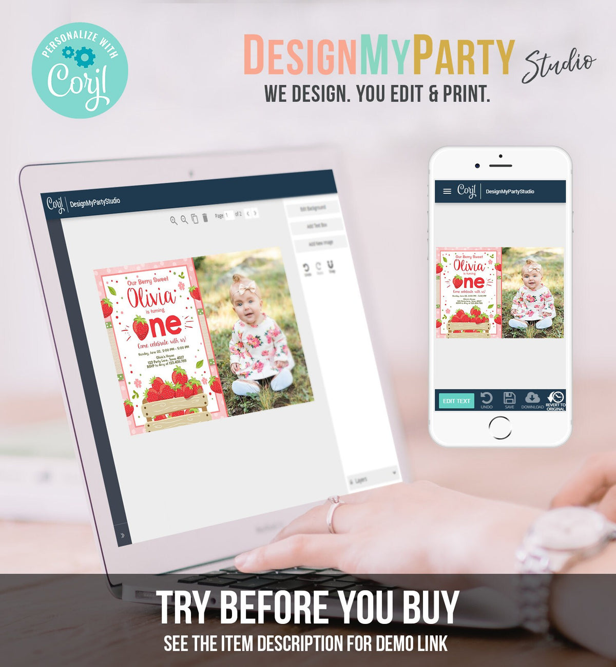 Editable Strawberry Birthday Invitation Girl First Birthday Berry Sweet Strawberries Pink Digital Download Evite Template Printable 0091