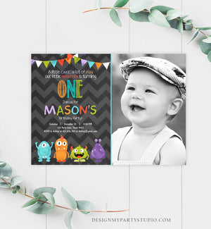Editable Little Monster Birthday Invitation First Birthday Party Monsters Boy Confetti 1st Chalk Chevron Photo Printable Corjl Template 0058