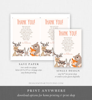 Editable Baby shower Thank you note Woodland Thank You Rustic Cute Animals Forest Gender Neutral Template Instant Download Corjl 0010