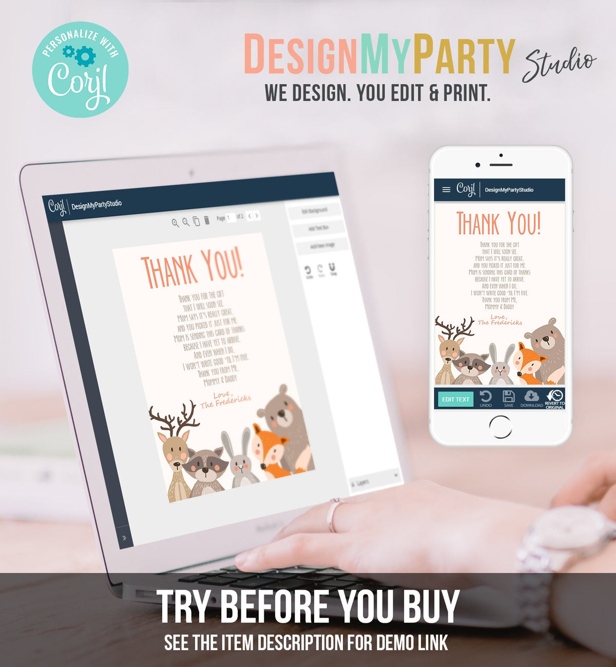 Editable Baby shower Thank you note Woodland Thank You Rustic Cute Animals Forest Gender Neutral Template Instant Download Corjl 0010