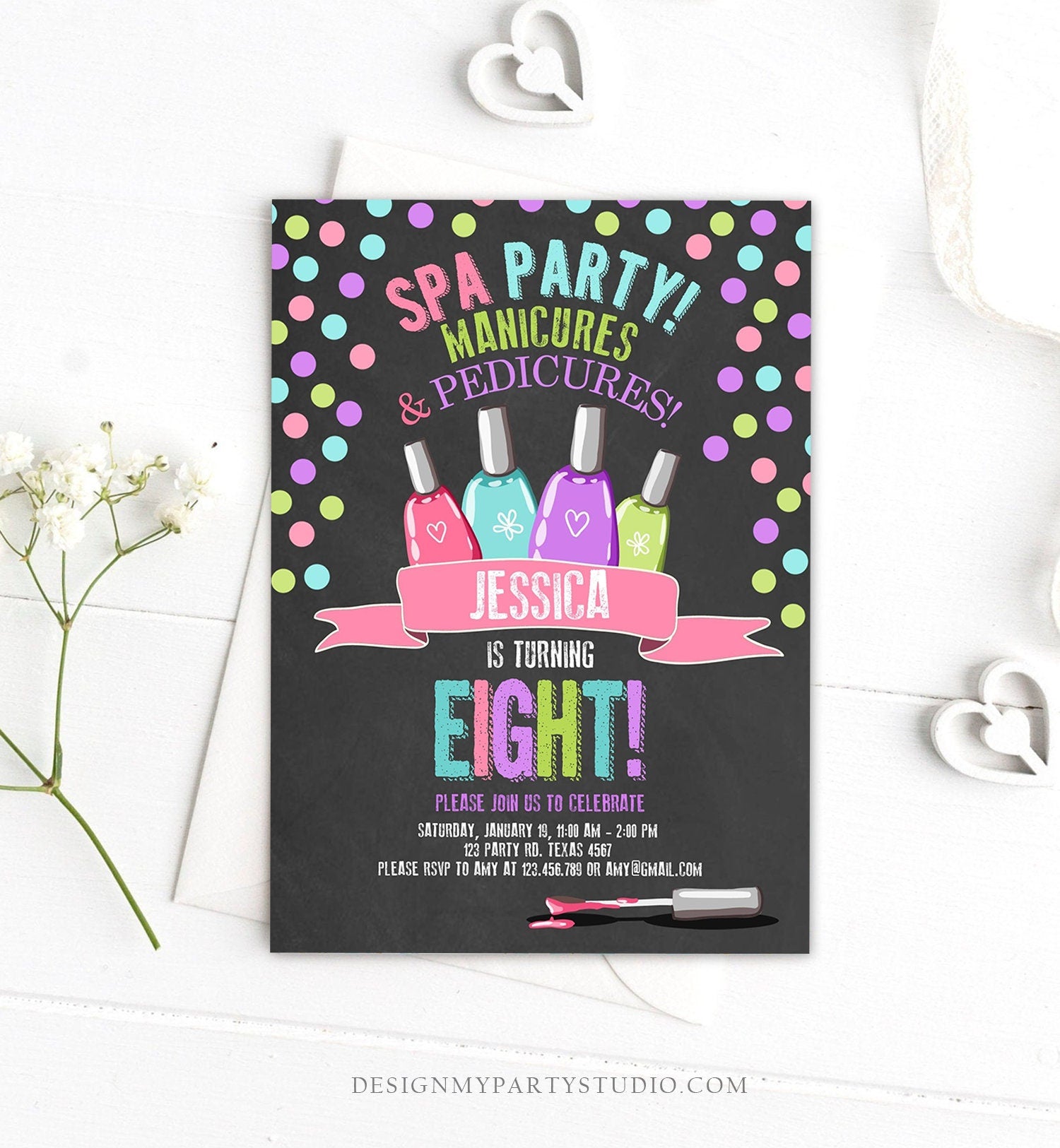 Editable Spa Birthday Invitation Manicures Pedicure Nail Salon Party Pink Purple Girl Digital Download Corjl Template Printable 0210