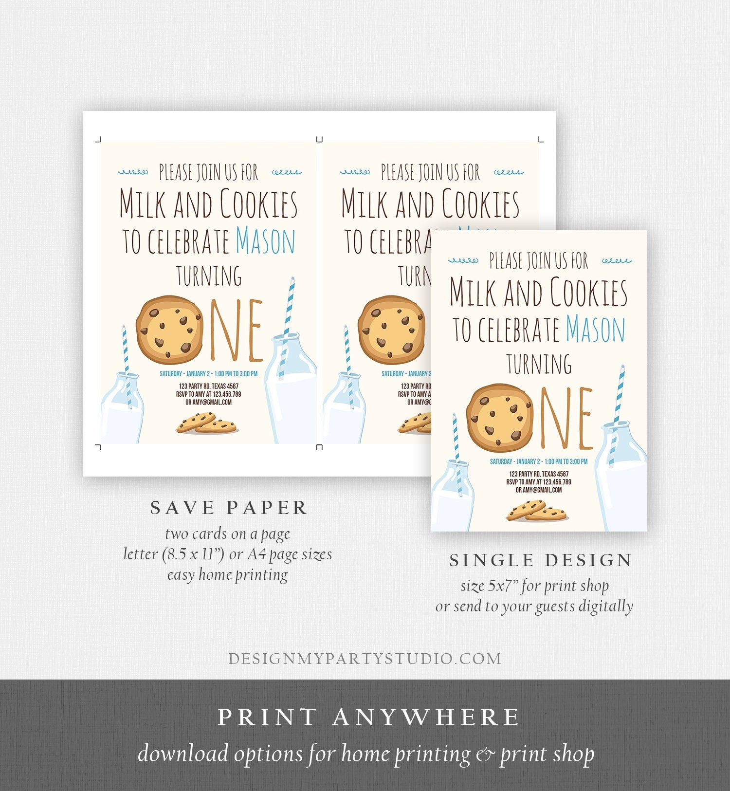 Editable Milk and Cookies Birthday Invitation Boy Birthday Party Blue First 1st Birthday Digital Download Evite Template Printable 0088