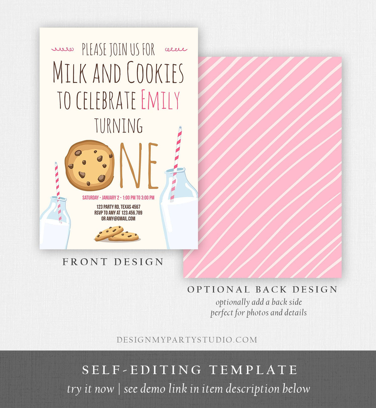 Editable Milk and Cookies Birthday Invitation Milk &amp; Cookies Party Girl Birthday Pink First Digital Download Evite Template Printable 0088
