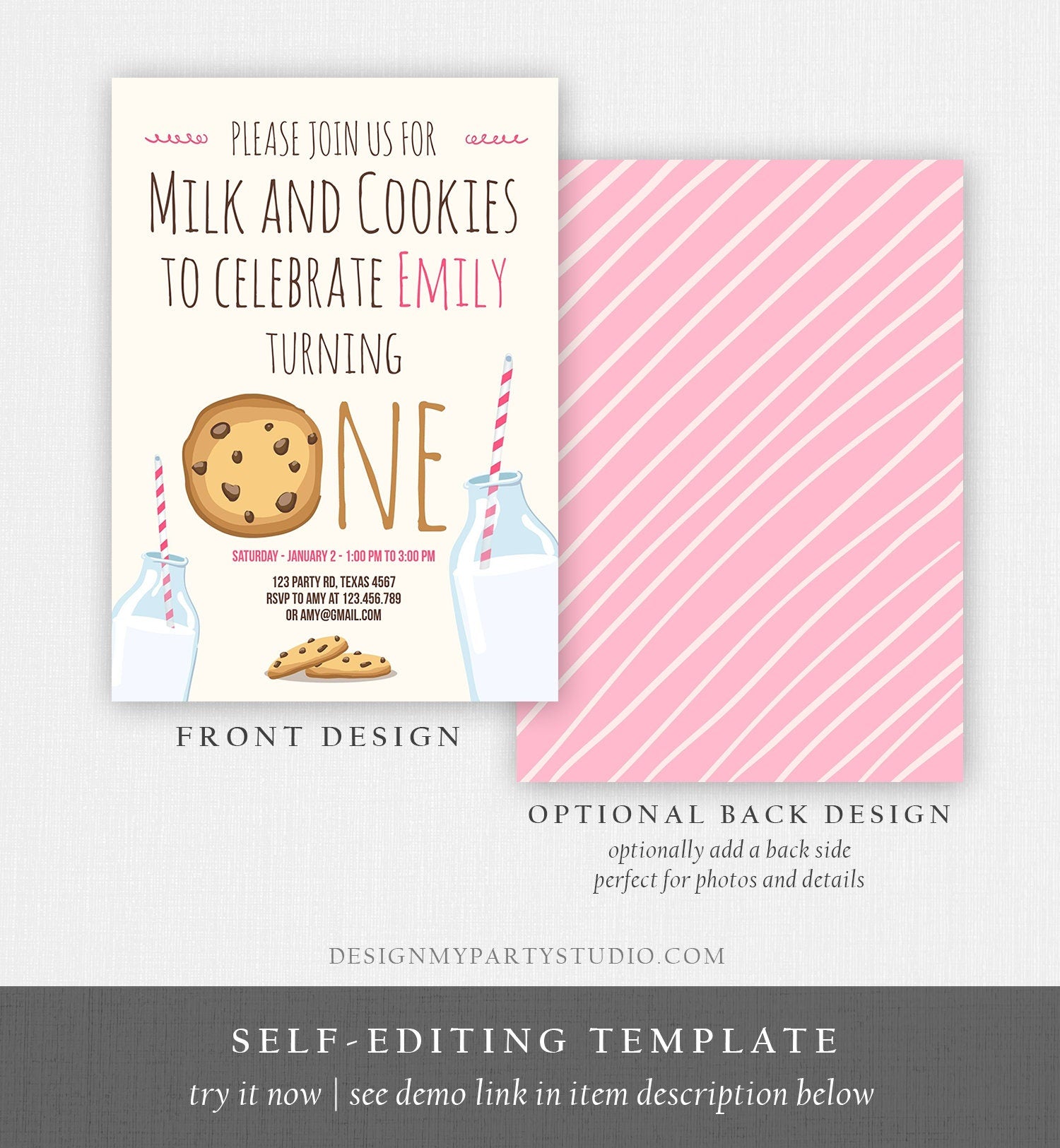 Editable Milk and Cookies Birthday Invitation Milk & Cookies Party Girl Birthday Pink First Digital Download Evite Template Printable 0088