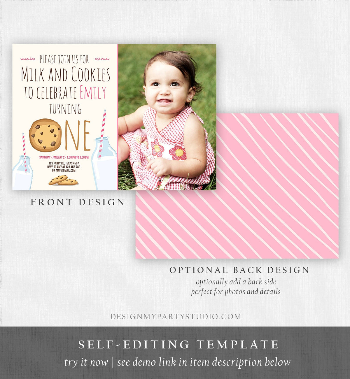 Editable Milk and Cookies Birthday Invitation Milk Cookies Party Girl Birthday Pink First Digital Download Evite Template Printable 0088