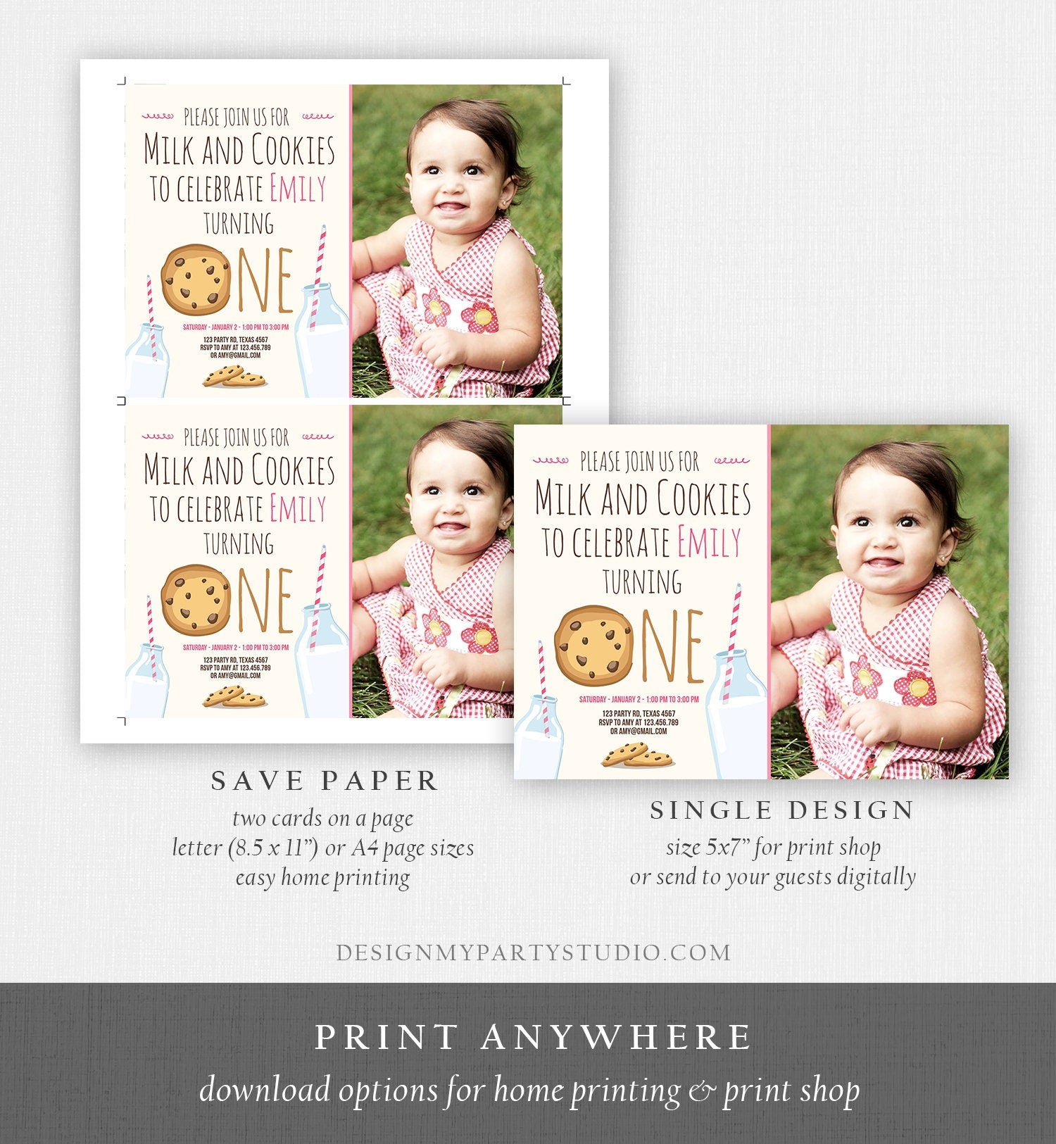 Editable Milk and Cookies Birthday Invitation Milk Cookies Party Girl Birthday Pink First Digital Download Evite Template Printable 0088