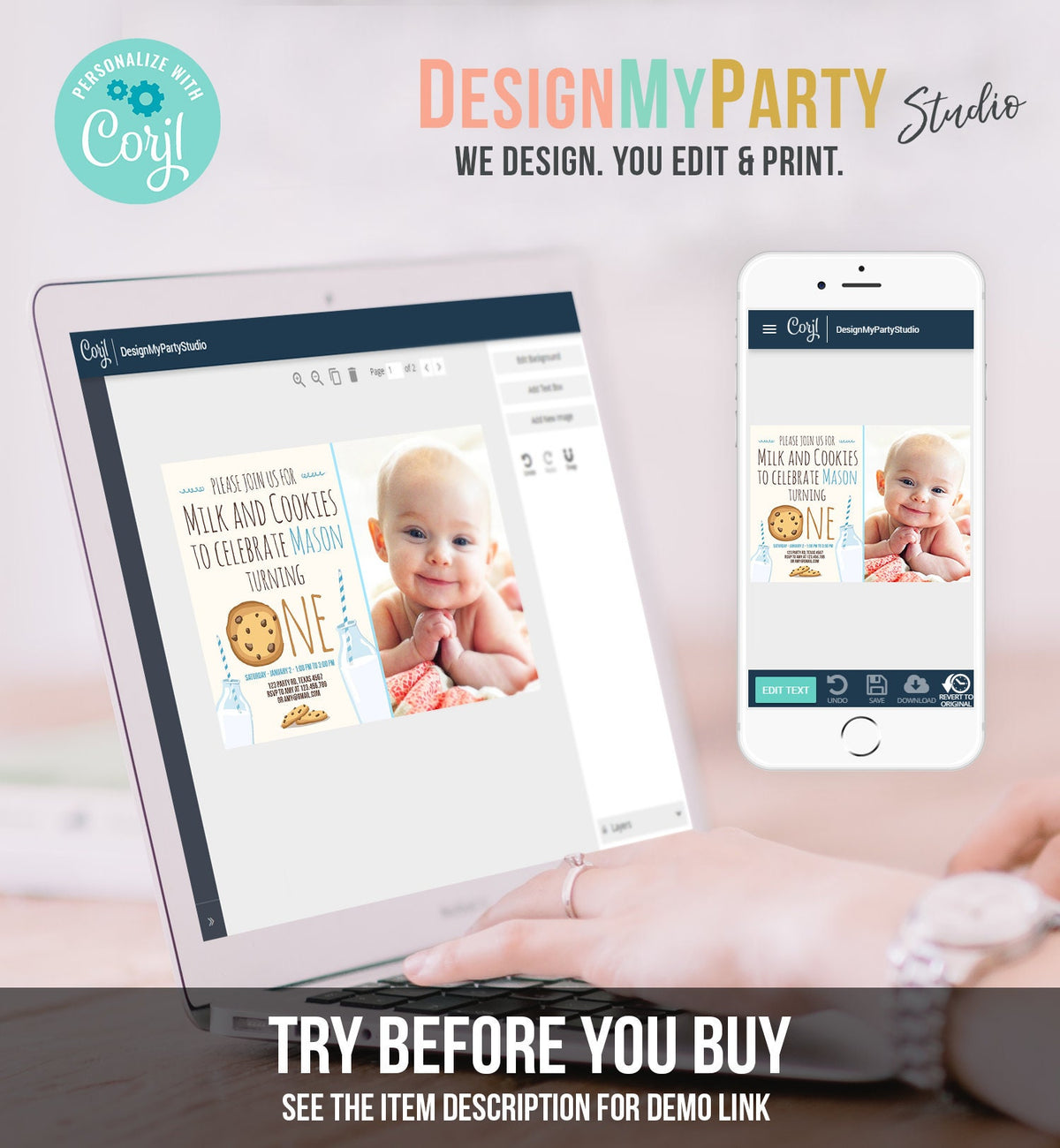 Editable Milk and Cookies Birthday Invitation Milk Cookies Party Boy Birthday Blue First Birthday Digital Download Template Printable 0088