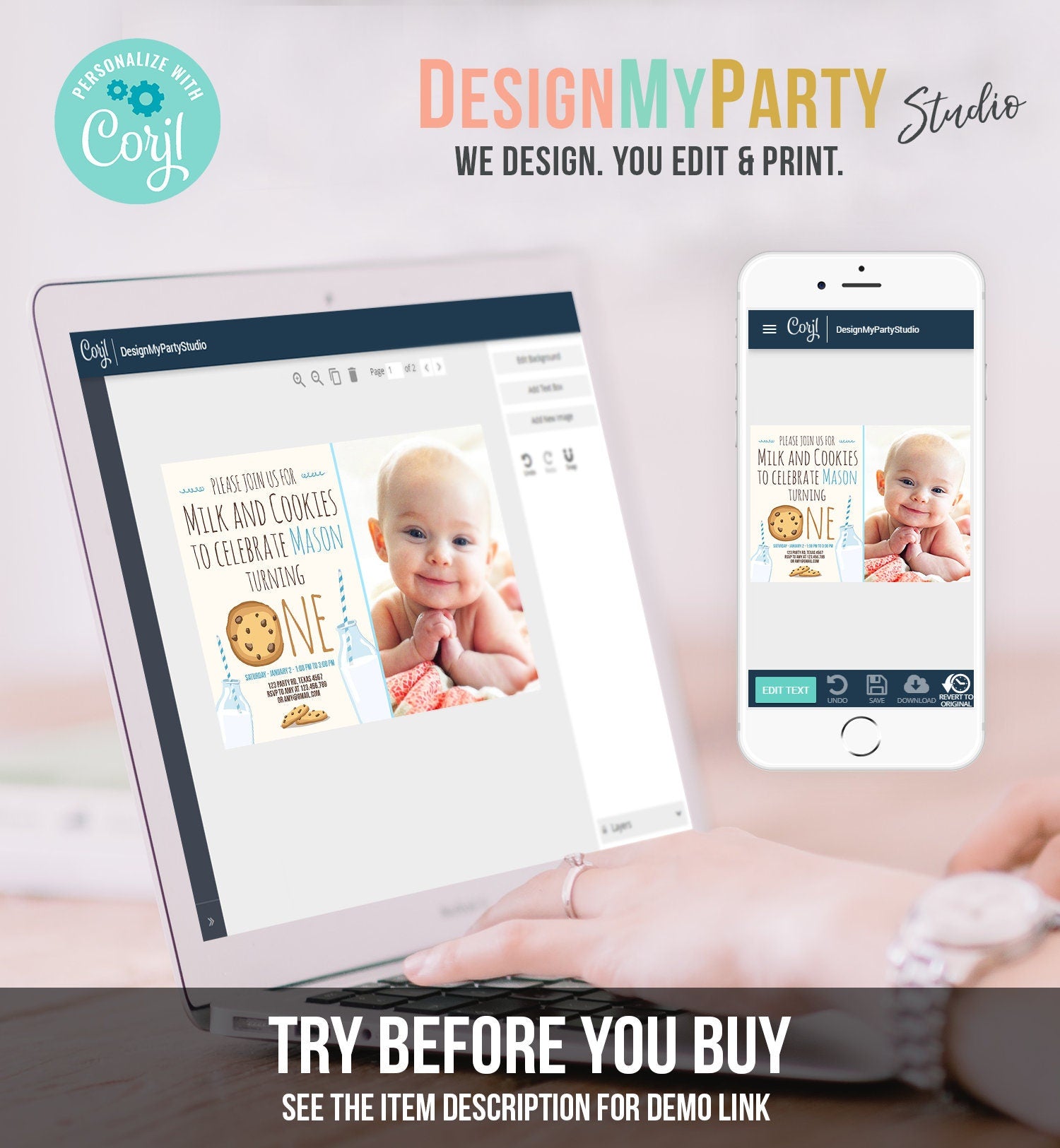 Editable Milk and Cookies Birthday Invitation Milk Cookies Party Boy Birthday Blue First Birthday Digital Download Template Printable 0088