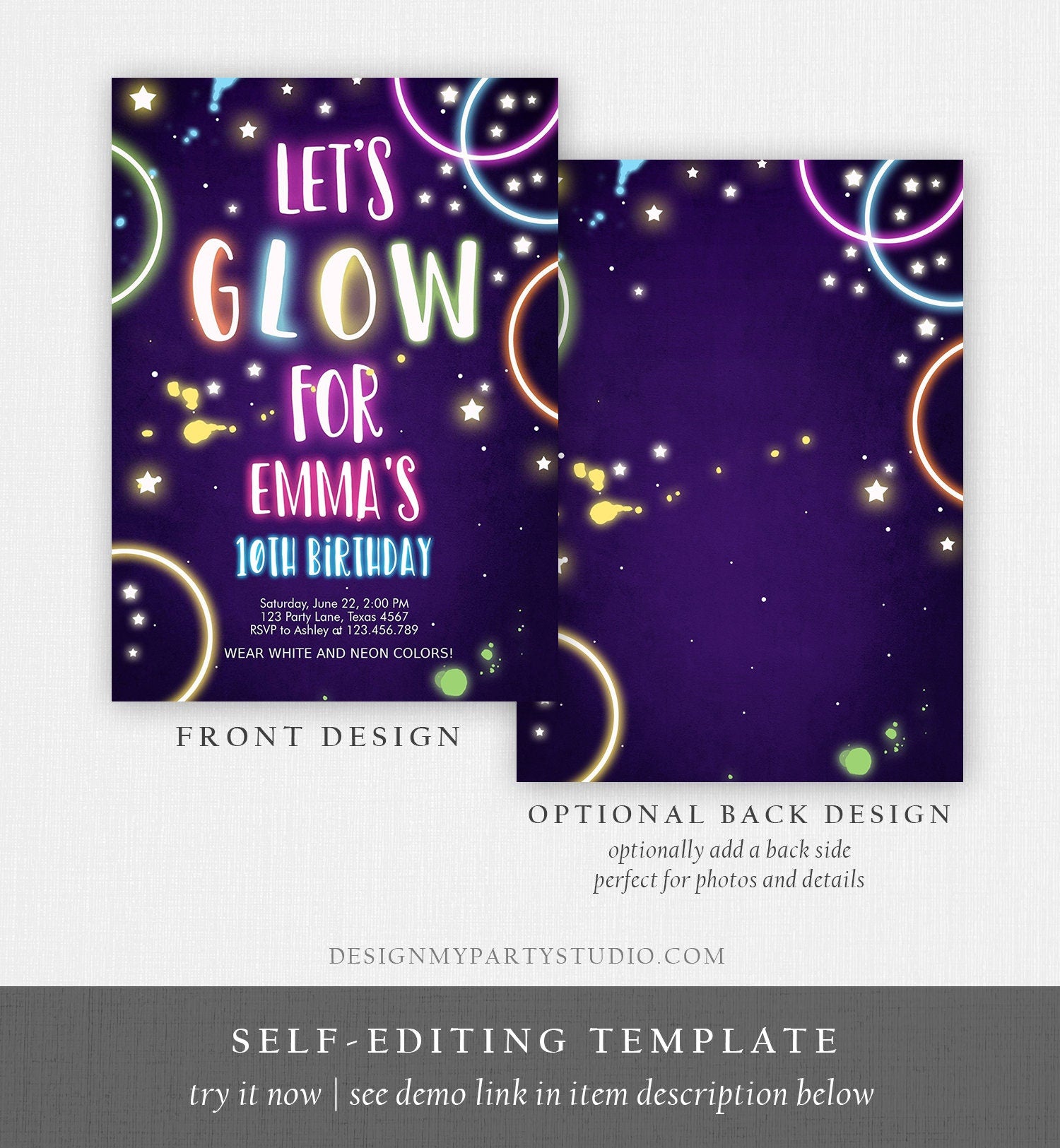 Editable Glow Birthday Invitation Glow Party Invite Neon Glow In The D - Design My Party Studio editable-glow-birthday-invitation-glow-party-invite-neon-glow-in-the-d-design-my-party-studio