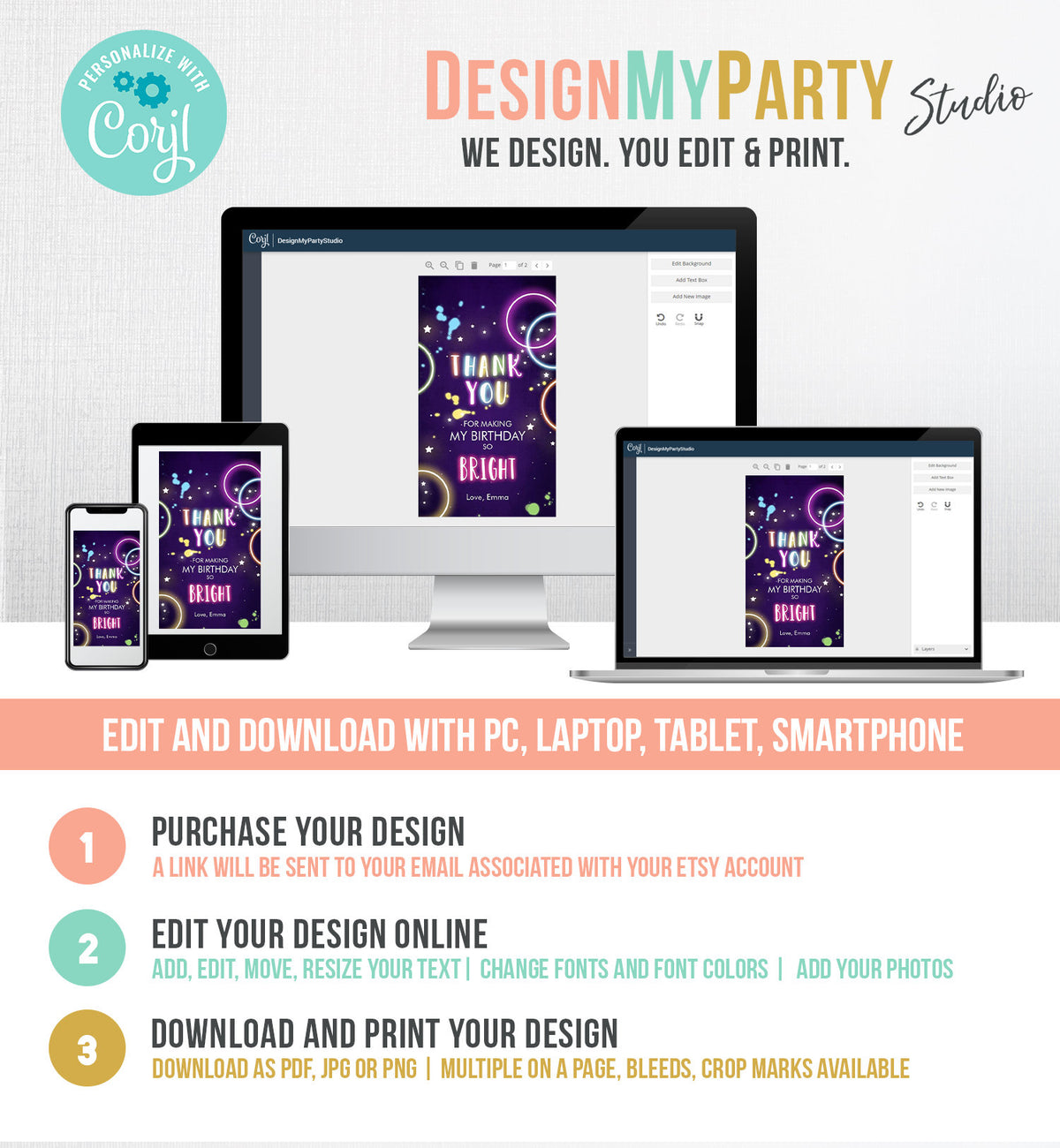 Editable Glow Favor Tag Neon Glow Birthday Thank You Tag Glow In The Dark Party Pink Girl Labels Download Corjl Template Printable 0172