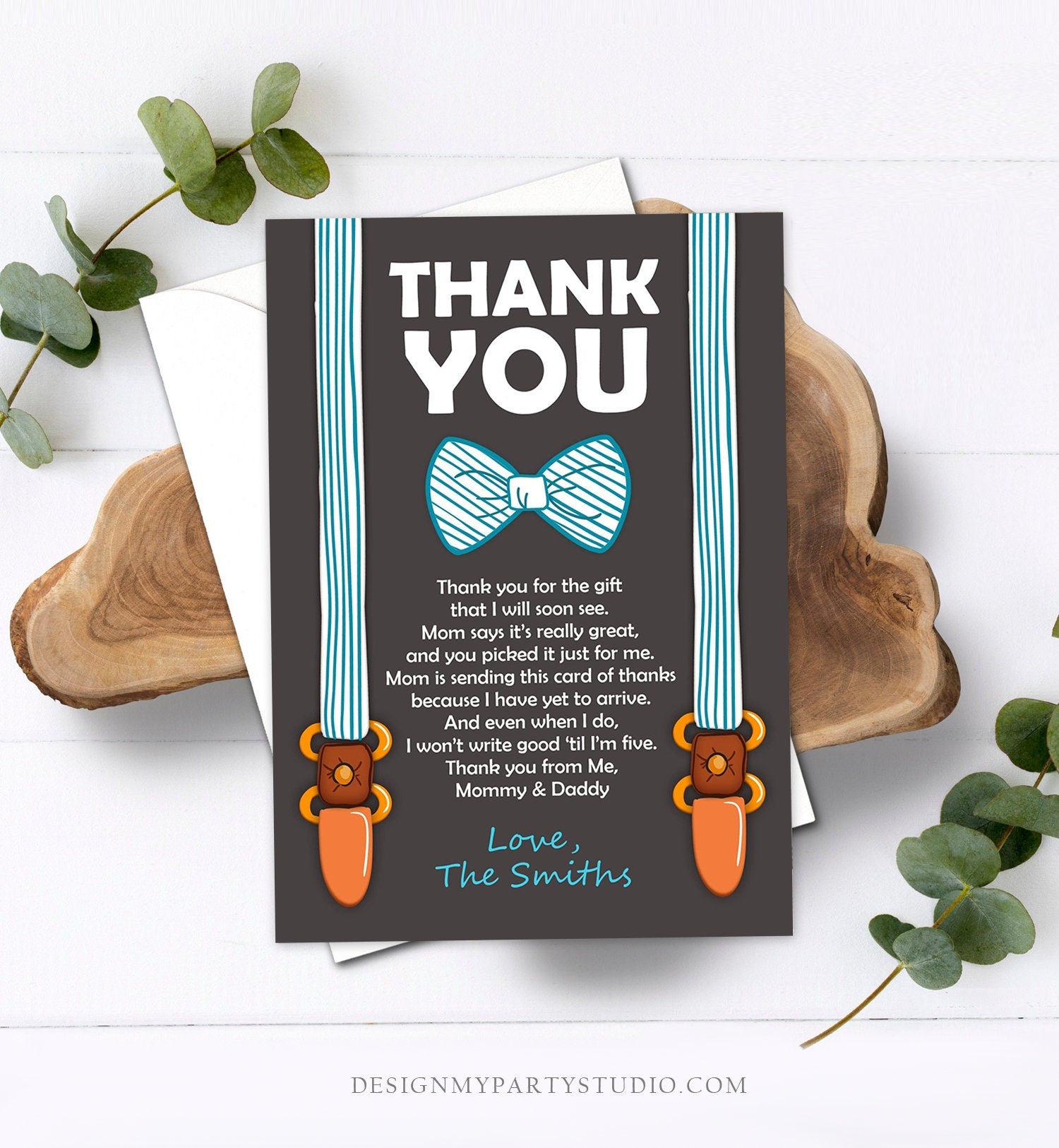 Editable Thank You Card Little Man Baby shower Thank you note Bow Tie Cute Blue Boy Suspenders Thank you card Template Download Corjl 0063