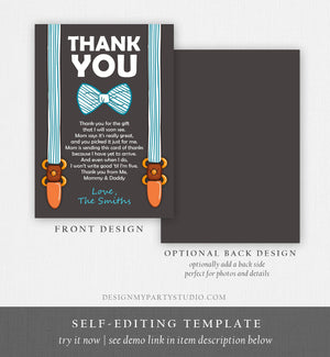 Editable Thank You Card Little Man Baby shower Thank you note Bow Tie Cute Blue Boy Suspenders Thank you card Template Download Corjl 0063