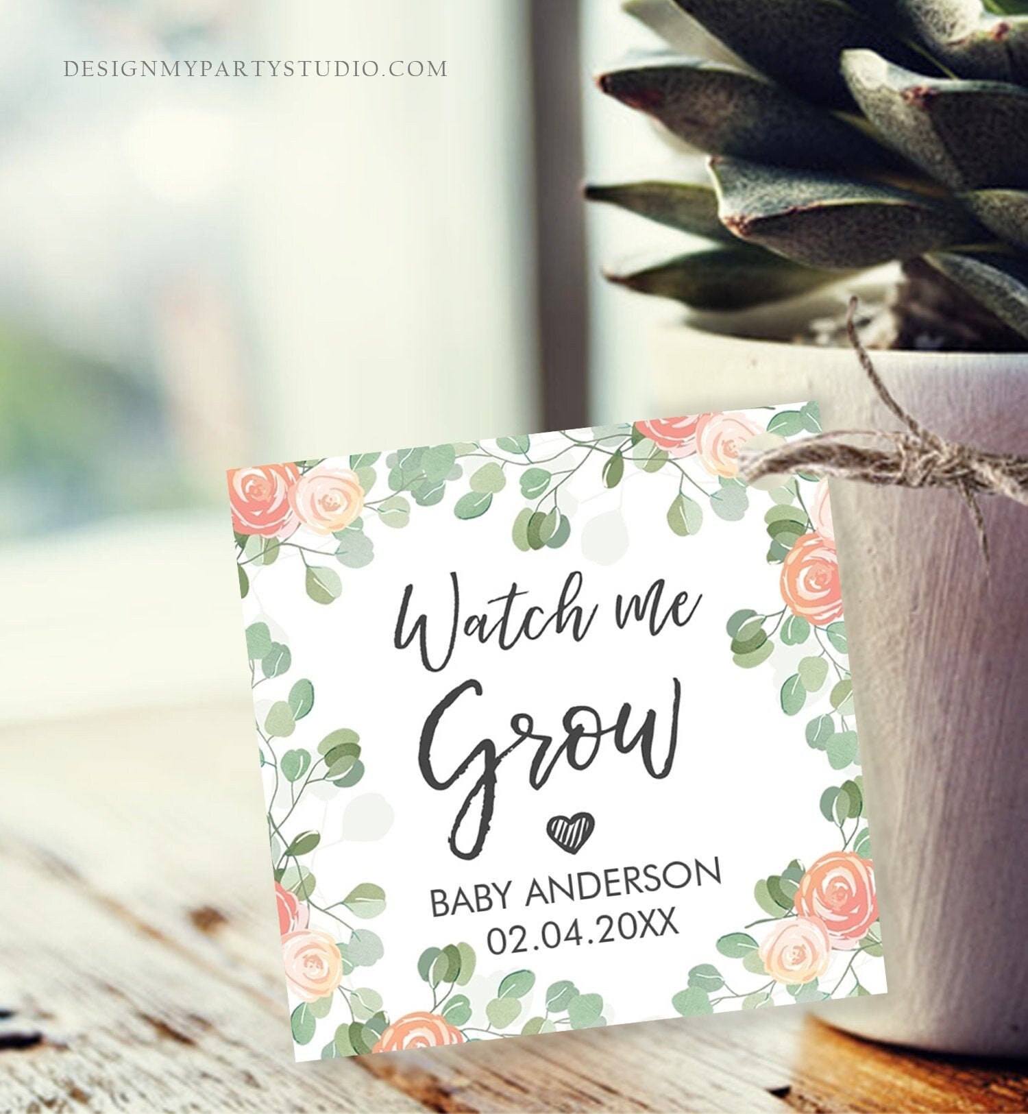 Editable Watch Me Grow Tags Baby Shower Favor Tags Plant Tags Cactus Succulent Thank You Tag Download Corjl Template Printable 0029