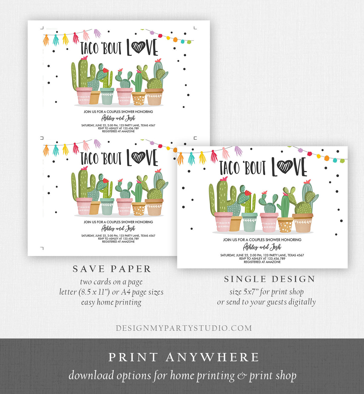 Editable Taco Bout Love Couples Shower Invitation Fiesta Cactus Succulent Mexican Green Pink Digital Download Corjl Template Printable 0254