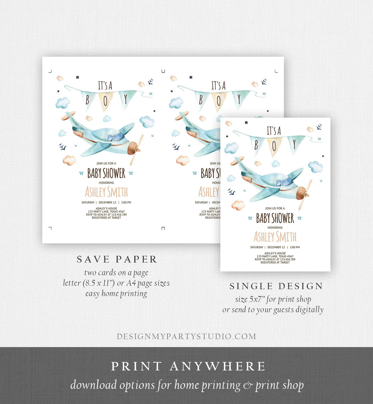 Editable Airplane Baby Shower Invitation Vintage Airplane Blue Adventure Boy Baby Shower Up Up and Away Template Digital Download Corjl 0185