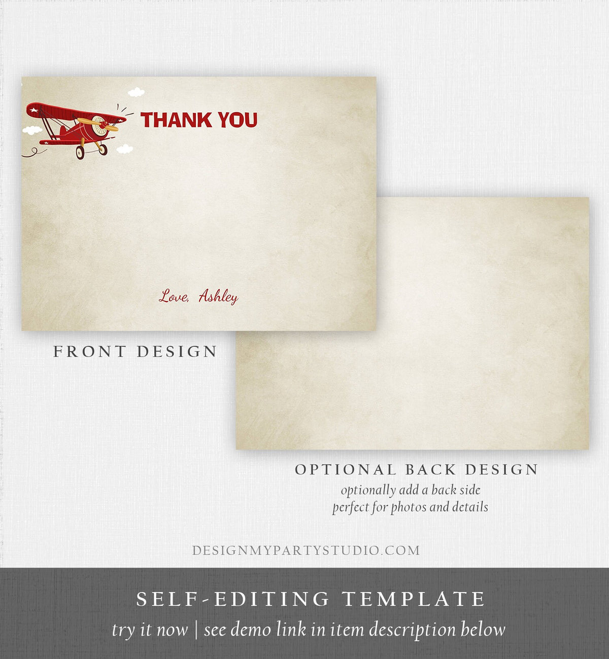 Editable Airplane Thank You Card Airplane Boy Birthday Baby Shower Thank You Note Vintage Airplane Adventure Travel Template Printable 0011