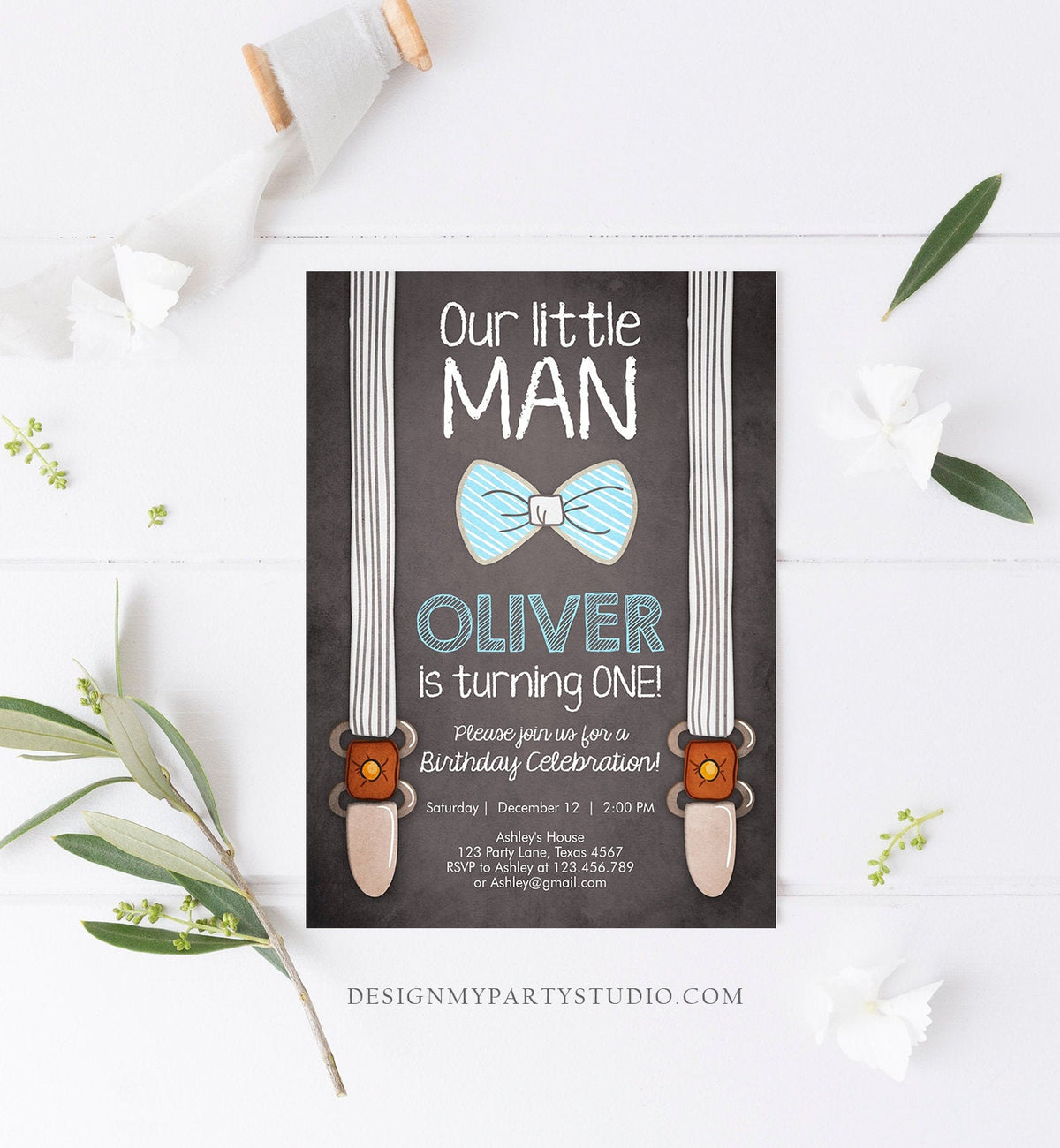 Editable Little Man Birthday Invitation Bow Tie Blue Boy 1st Birthday Suspenders Rustic Instant Download Printable Template Corjl 0063