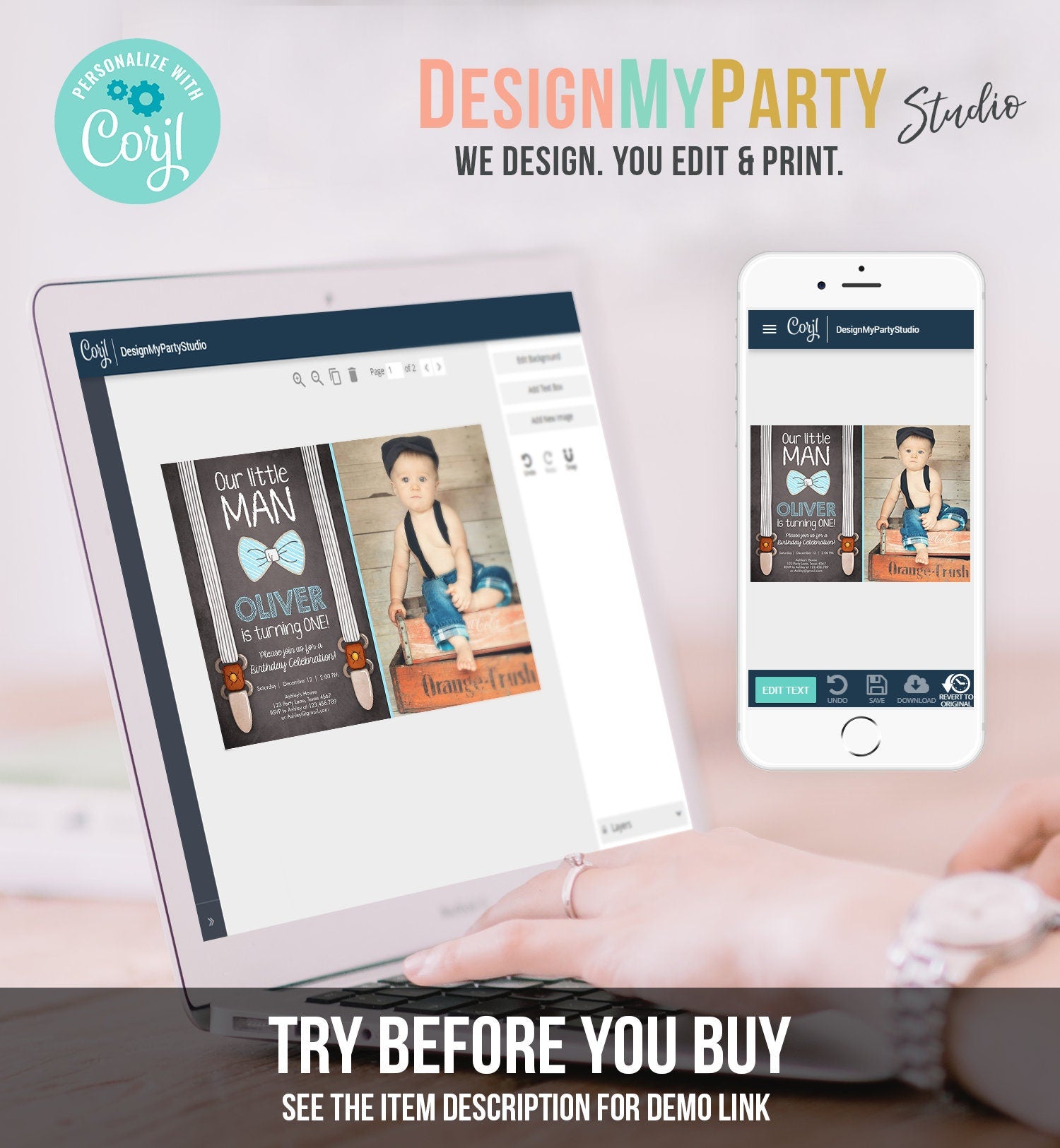 Editable Little Man Birthday Invitation Bow Tie Blue Boy 1st Birthday Suspenders Rustic Instant Download Printable Template Corjl 0063