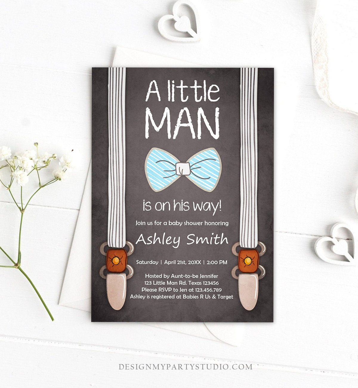 Editable Baby Shower Invitation Boy Little Man Baby Shower Bow Tie Blue Brown Instant Download Printable Template Corjl Digital 0063