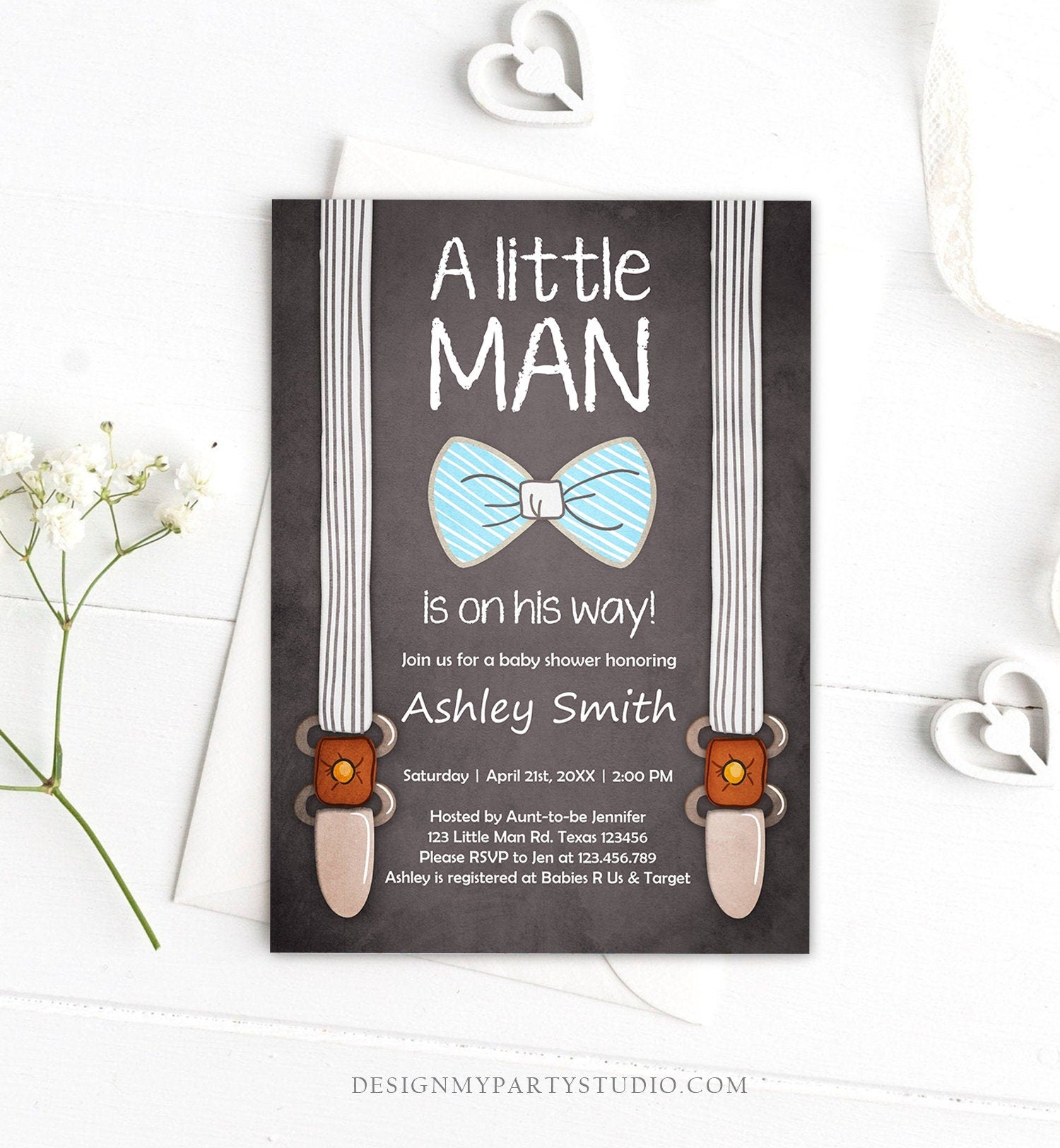 Editable Baby Shower Invitation Boy Little Man Baby Shower Bow Tie Blue Brown Instant Download Printable Template Corjl Digital 0063