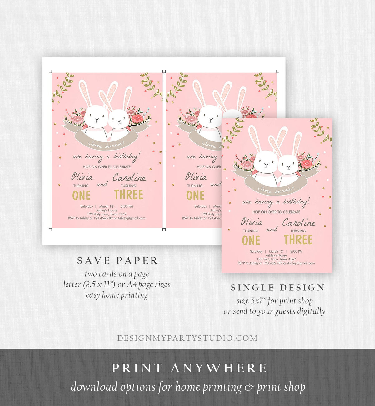 Editable Bunny Birthday Invitation Twins Birthday Pink Gold Twin Birthday Sisters Bunnies Digital Download Template Printable 0104