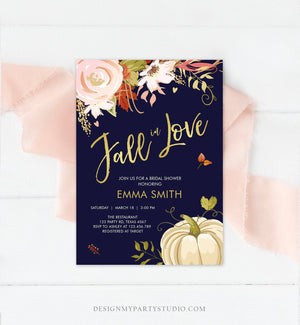 Editable Fall in Love Bridal Shower Invitation Pumpkin Autumn Floral Flowers Pink Gold Rustic Party Engagement Navy Blue Corjl Template 0176