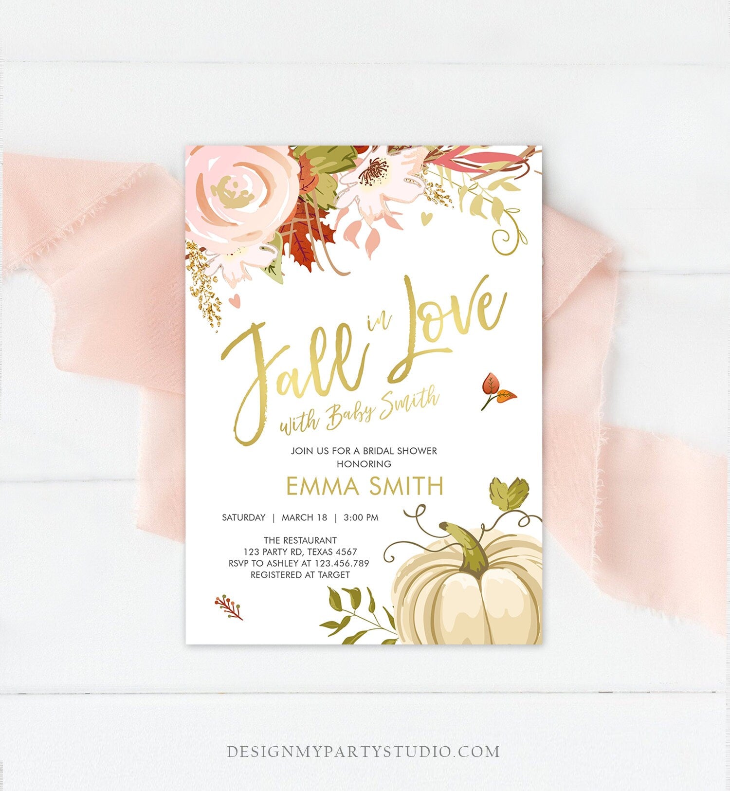 Editable Fall in Love Baby Shower Invitation Pumpkin Autumn Floral Flowers Pink Gold Rustic Party Sprinkle Coed Navy Corjl Template 0176