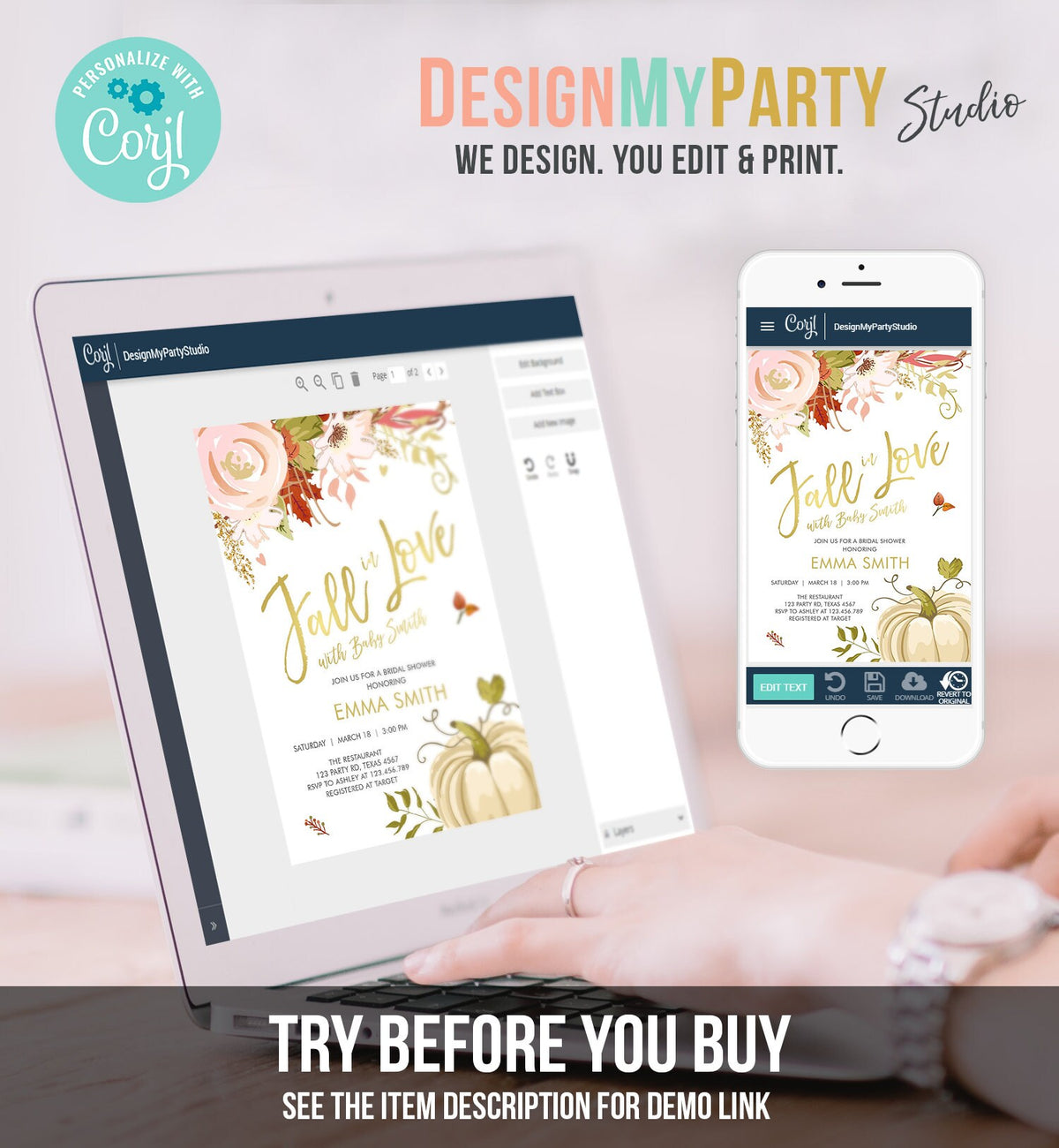 Editable Fall in Love Baby Shower Invitation Pumpkin Autumn Floral Flowers Pink Gold Rustic Party Sprinkle Coed Navy Corjl Template 0176