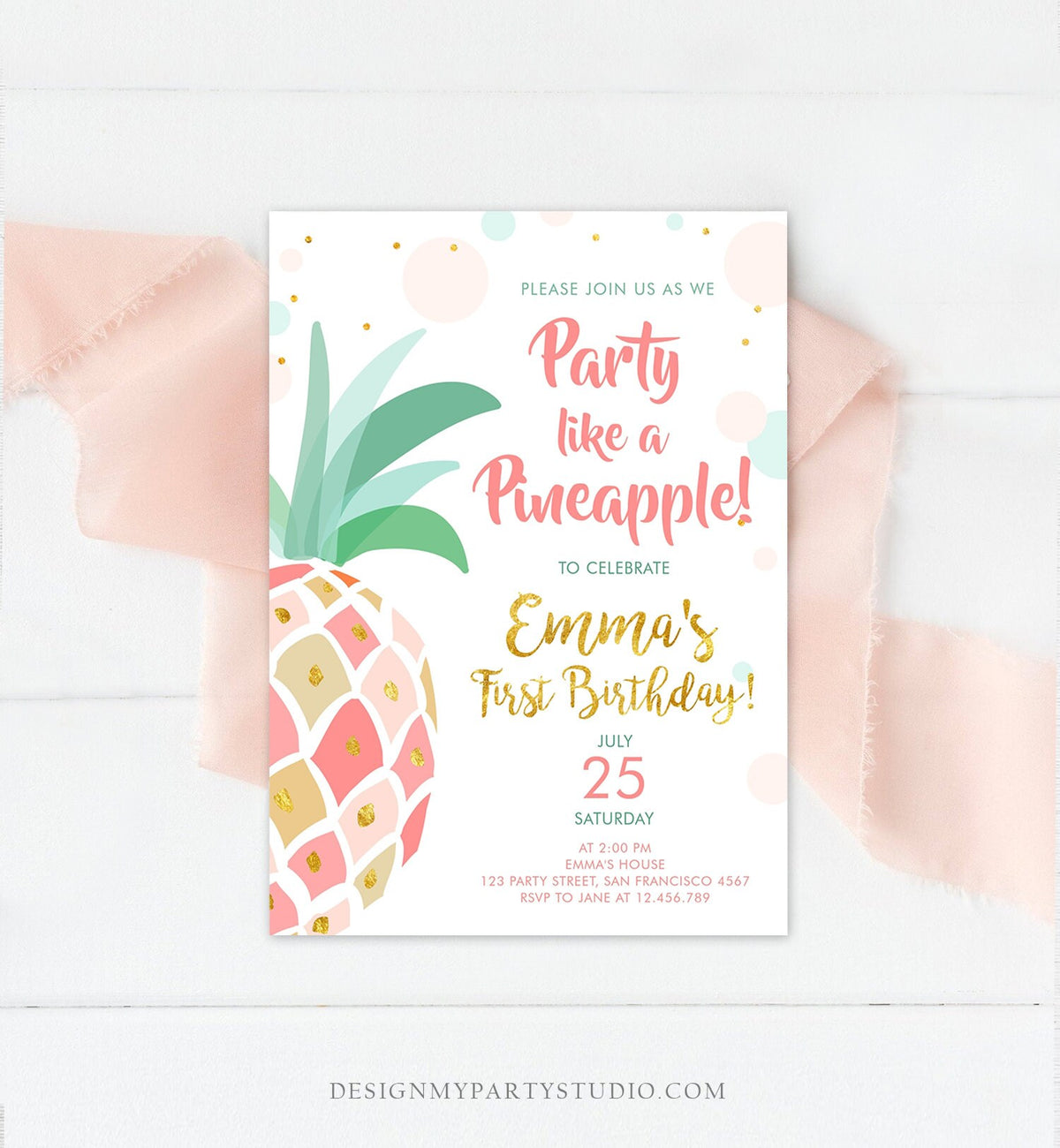 Editable Pineapple Birthday Invitation Party like a Pineapple Aloha Tropical Luau Party Girl First Birthday Gold Pink Corjl Template 0202