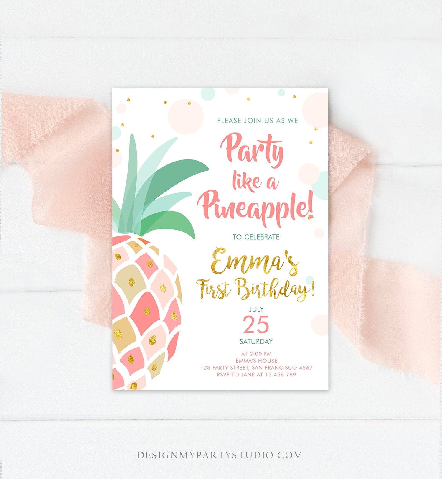 Editable Pineapple Birthday Invitation Party like a Pineapple Aloha Tropical Luau Party Girl First Birthday Gold Pink Corjl Template 0202