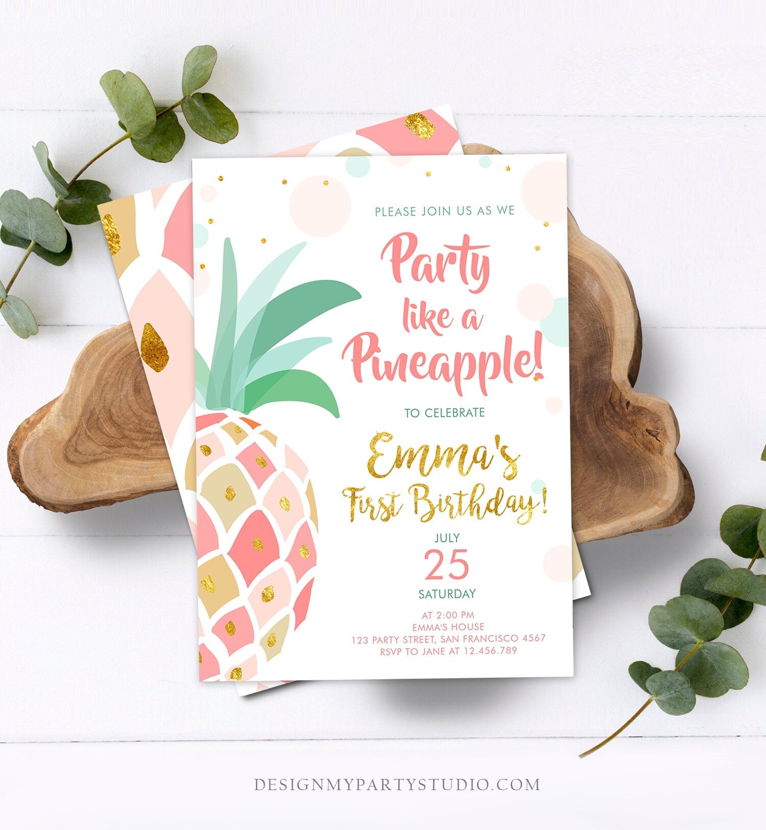 Editable Pineapple Birthday Invitation Party like a Pineapple Aloha Tropical Luau Party Girl First Birthday Gold Pink Corjl Template 0202
