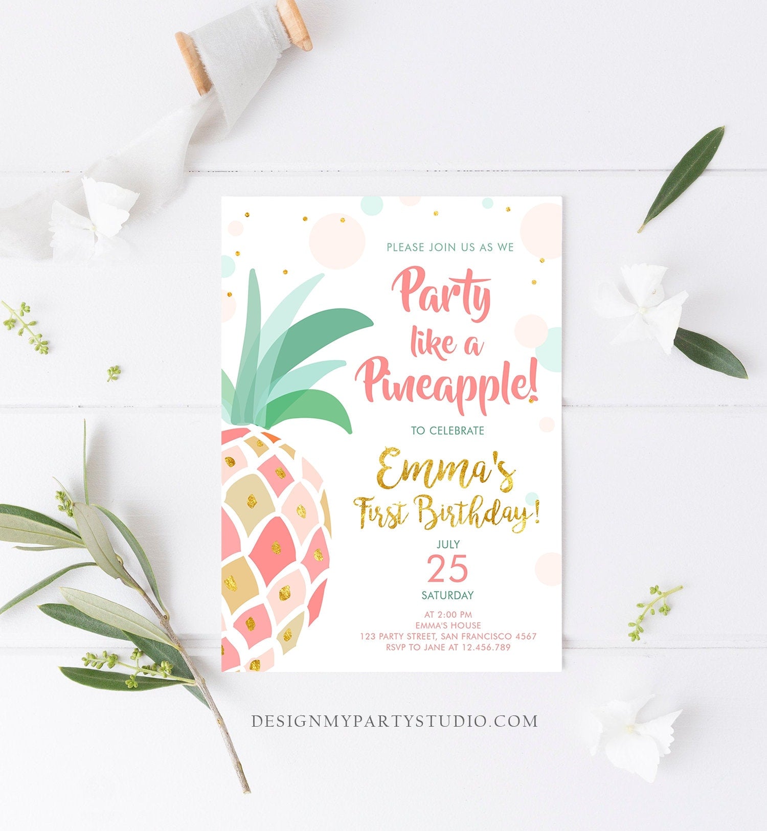 Editable Pineapple Birthday Invitation Party like a Pineapple Aloha Tropical Luau Party Girl First Birthday Gold Pink Corjl Template 0202