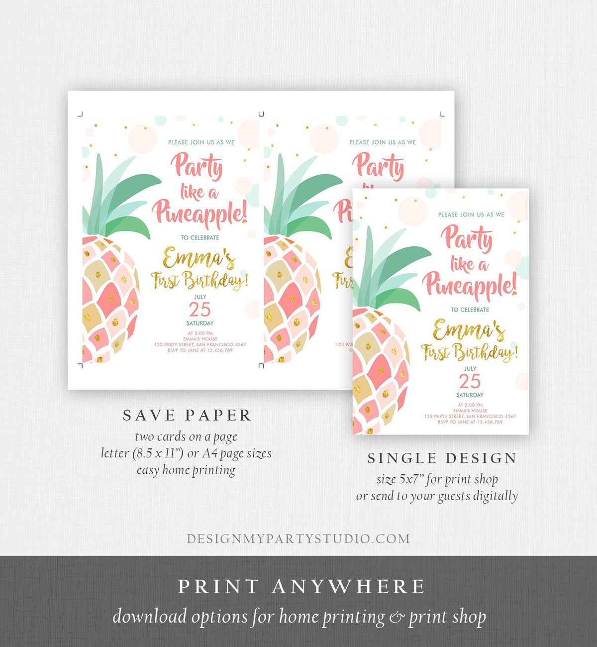 Editable Pineapple Birthday Invitation Party like a Pineapple Aloha Tropical Luau Party Girl First Birthday Gold Pink Corjl Template 0202