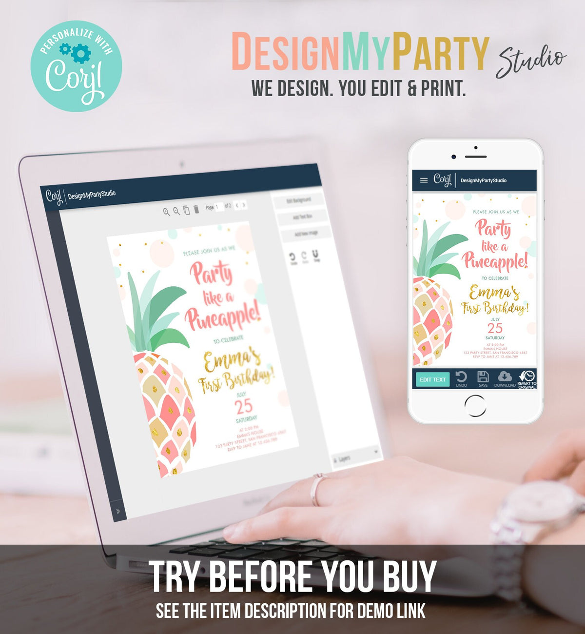 Editable Pineapple Birthday Invitation Party like a Pineapple Aloha Tropical Luau Party Girl First Birthday Gold Pink Corjl Template 0202