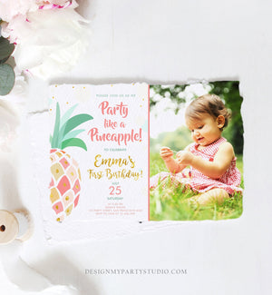Editable Pineapple Birthday Invitation Party like a Pineapple Aloha Tropical Luau Party Girl First Birthday Gold Pink Corjl Template 0202